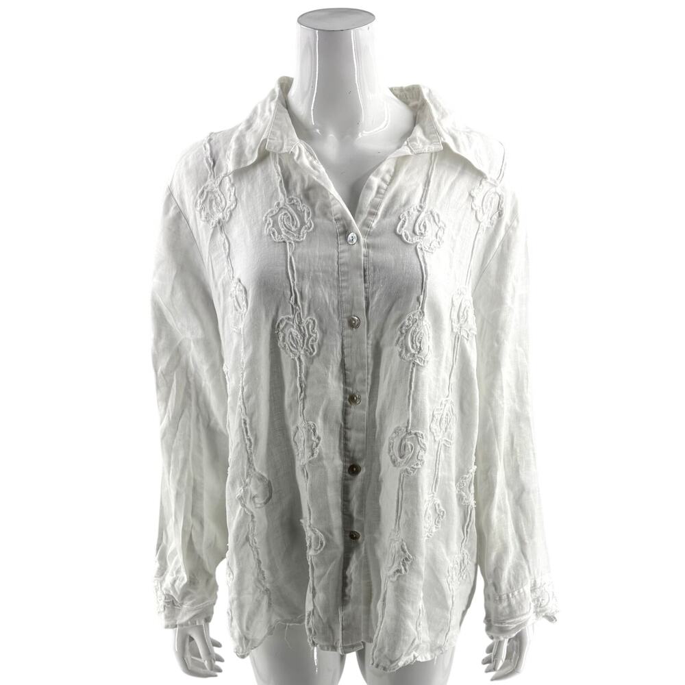 Alexandra Bartlett Womens Linen Top Plus Size 2X White Embroidered Button Up